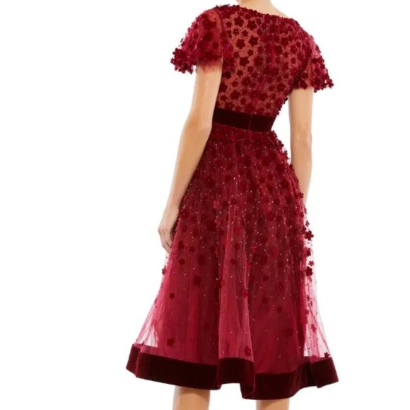 MAC DUGGAL FLORAL APPLIQUE VELVET TRIM COCKTAIL RED/BURGUNDY MIDI DRESS sz 4 - Picture 2 of 4